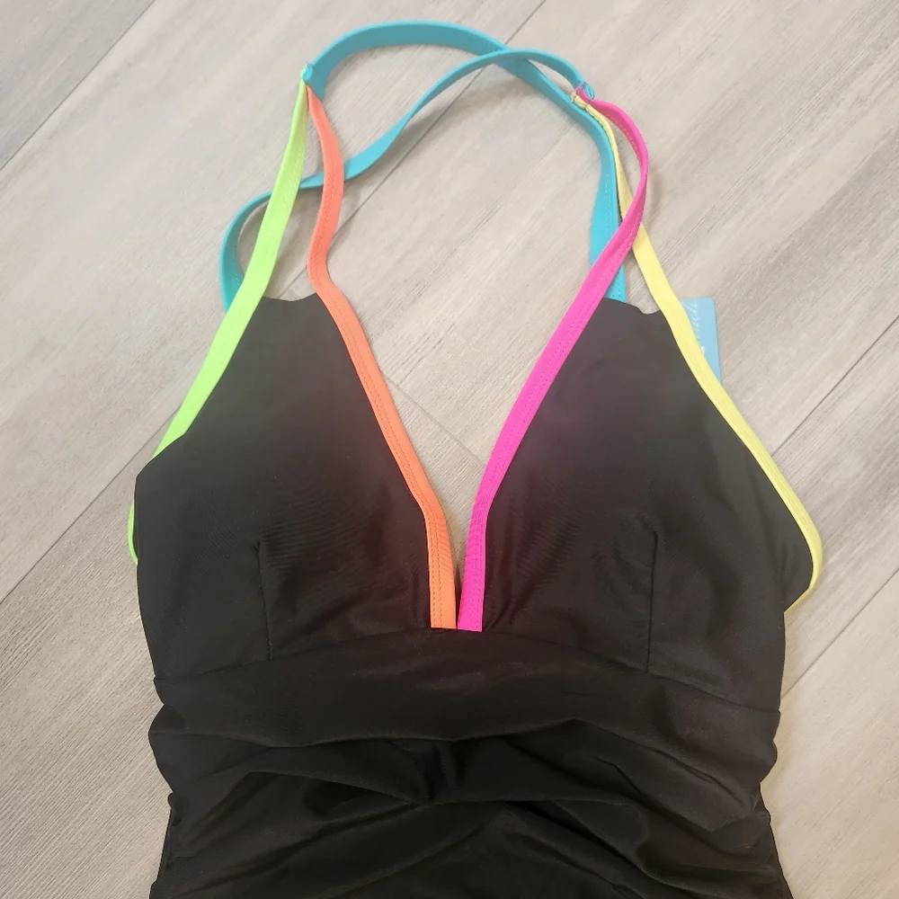 Neon straps swimsuit M black one piece deep V swimwear tummy control shaper new - Picture 4 of 12